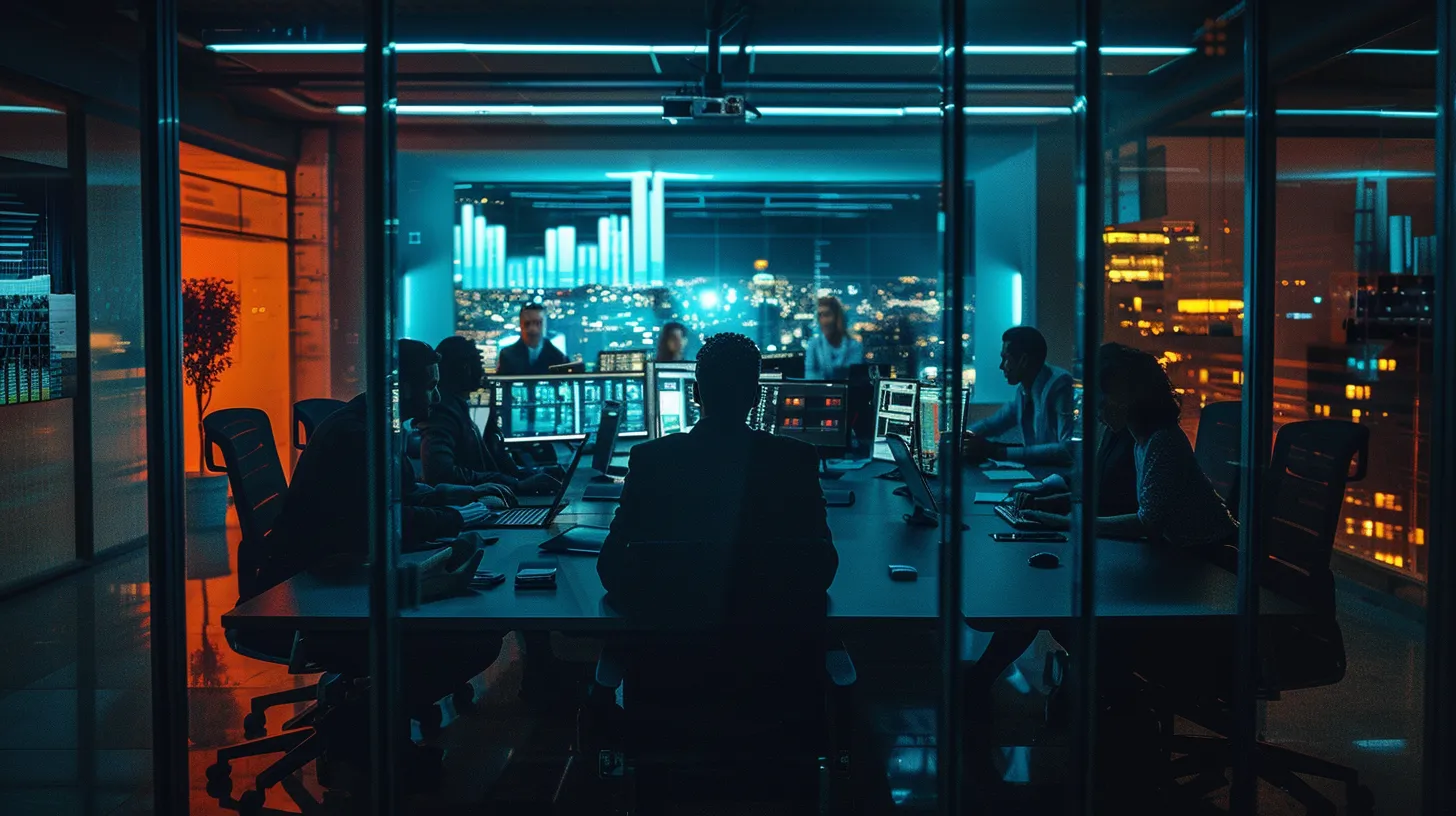 a dynamic office setting featuring a diverse team gathered around a sleek conference table, deeply engaged in a strategic discussion about keyword analysis on digital screens, illuminated by modern ambient lighting that enhances a professional atmosphere.