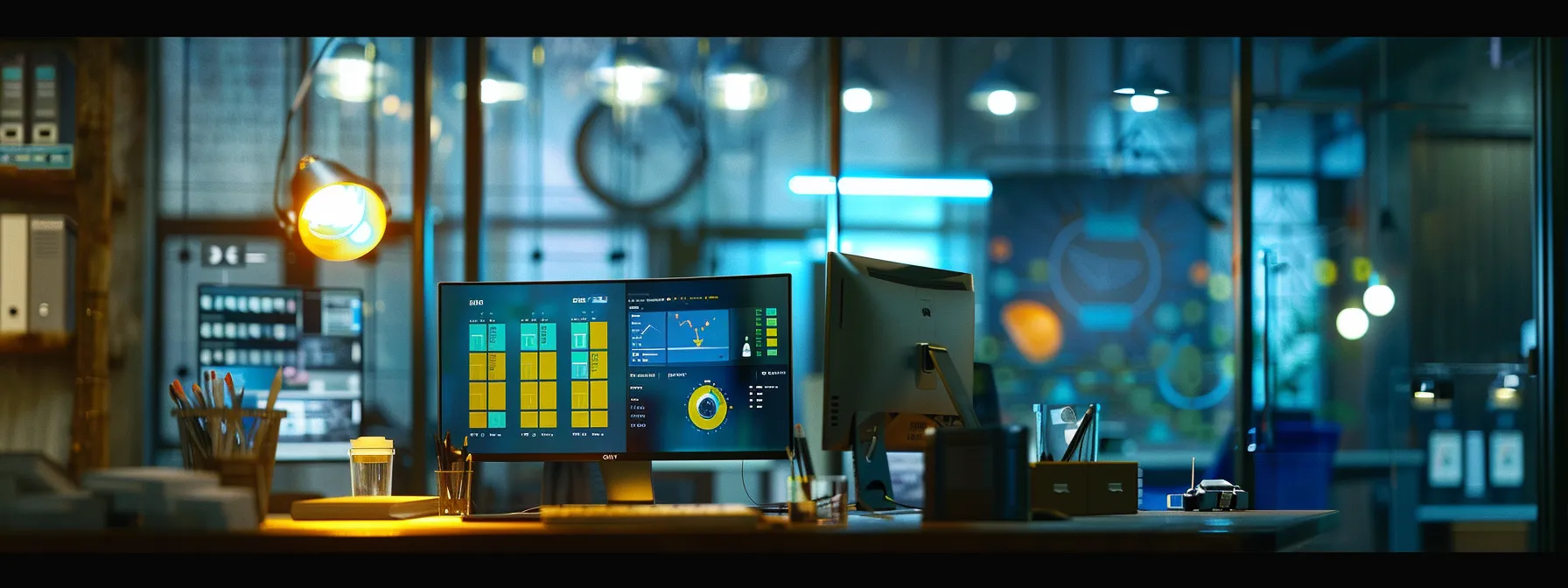 a focused view of a modern office workspace with a computer screen displaying error messages and email analytics, highlighting the urgency of diagnosing outreach email delivery failures amidst a backdrop of professional digital marketing materials.