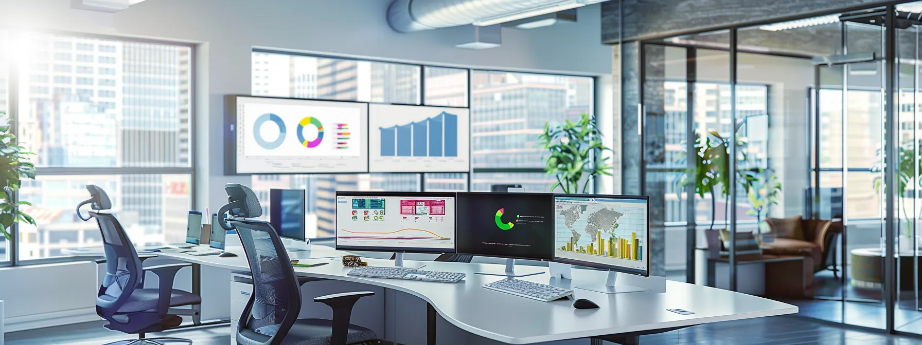 a modern office environment showcases a sleek workstation with multiple screens displaying vibrant graphs and data visualizations, symbolizing the enhanced operational efficiency and user engagement driven by ai agents.
