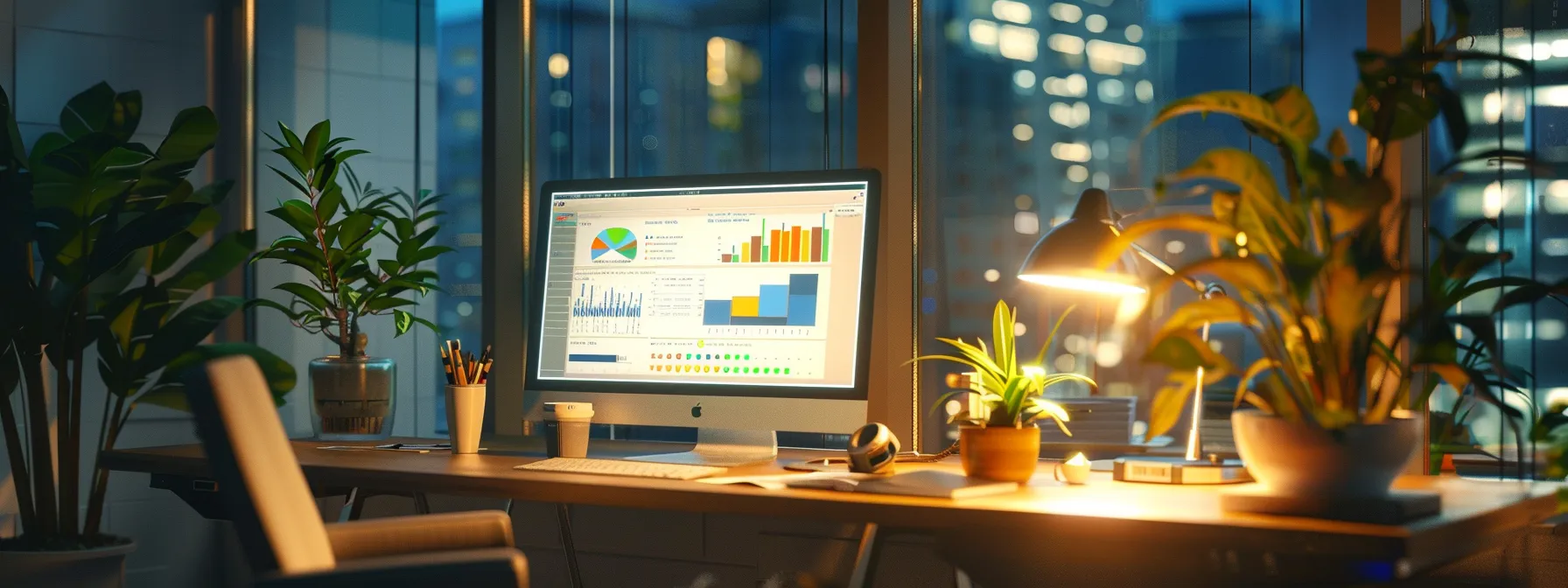 a modern office setting showcases a sleek computer screen displaying an email authentication dashboard, emphasizing the importance of secure outreach with vibrant analytics and metrics glowing in the soft, ambient light of the workspace.