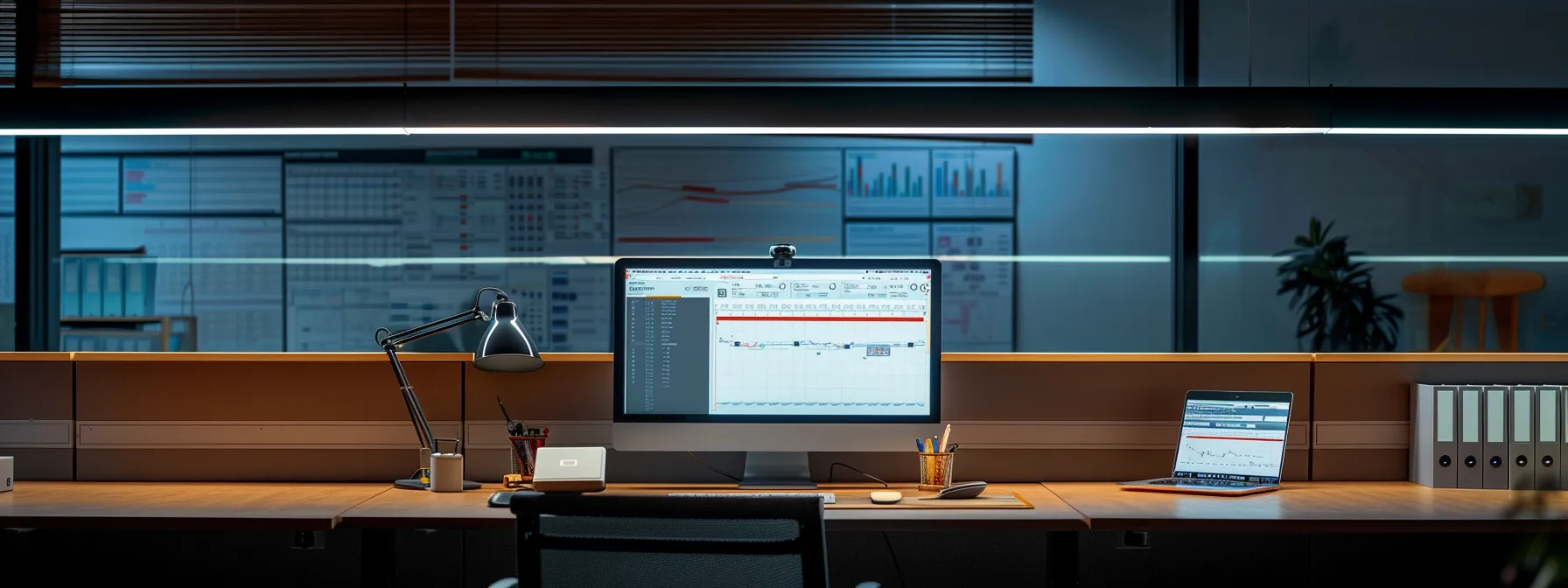 a modern office workspace is illuminated by overhead lighting, featuring a sleek computer monitor displaying an error message on a digital pr campaign app, surrounded by charts and analytics dashboards highlighting connectivity issues and performance irregularities.