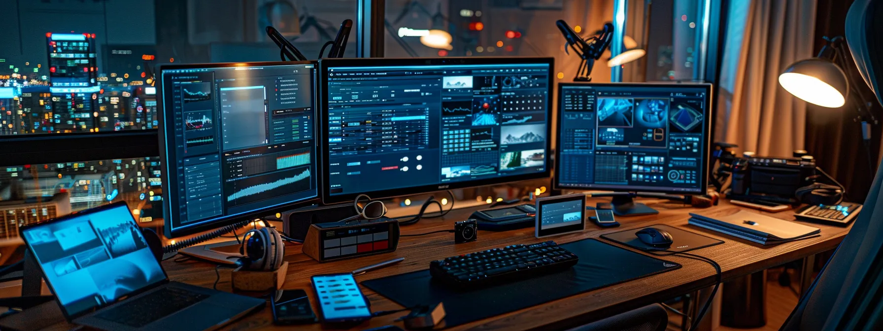 a modern office workspace showcases multiple devices&mdash;a desktop computer, a tablet, and a smartphone&mdash;displaying contrasting sync statuses on their screens, with warm artificial lighting highlighting the sleek, tech-savvy environment.