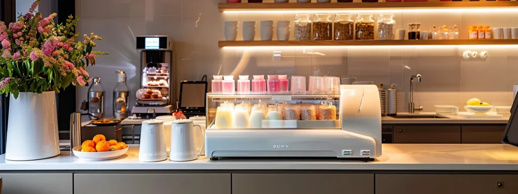 a sleek, modern kitchen setup showcases a pristine counter filled with carefully arranged ingredients like natural stabilizers and rich dairy products, with a stylish frozen yogurt machine in the background, all under bright, focused lighting that emphasizes the textures and colors for a culinary masterpiece.