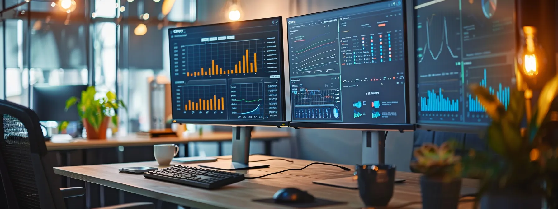 a sleek, modern office space features a high-tech workstation with dual monitors displaying advanced data analytics and user interface designs, illuminated by focused led lighting to convey a sense of innovation in robotic process automation and customer engagement solutions.