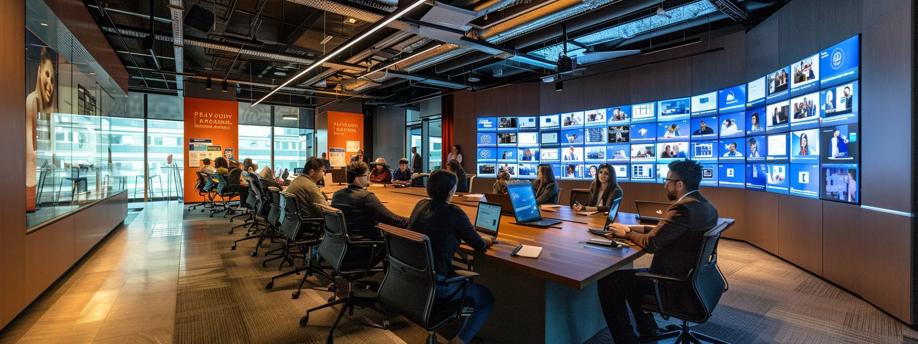 a sleek, modern office workspace features a diverse group of professionals engaged in animated discussions around a large conference table, surrounded by digital displays showcasing email analytics and successful campaign case studies.