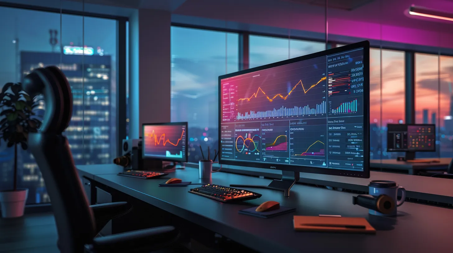 a sleek, modern office workspace features a large digital display showcasing colourful graphs and analytics of saas seo keyword performance, illuminated by soft ambient lighting that highlights the strategic importance of online visibility in a tech-driven marketplace.