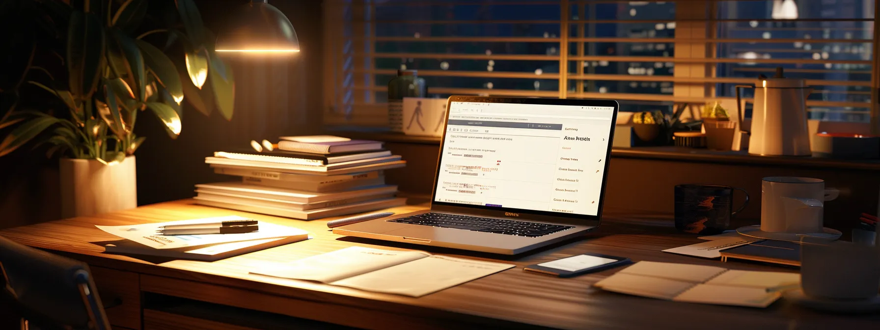 a sleek, modern office workspace is illuminated by warm artificial light, featuring an open laptop displaying an error message on its screen, while printed documents outlining smtp authentication guidelines are neatly arranged on the desk beside a smartphone and a notepad.