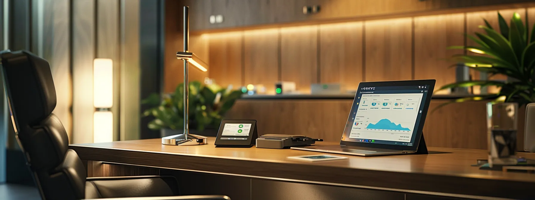 a sleek, modern office workspace featuring a well-organized desk with a laptop displaying an email dashboard, complemented by a digital tablet showing analytics, all bathed in warm, focused lighting to convey the importance of email deliverability best practices.