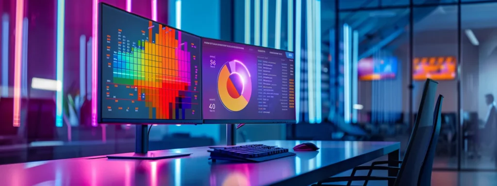 a sleek, modern office workstation displays a computer screen filled with colorful charts and error messages from a digital pr campaign tool, illuminated by the cool glow of artificial lighting, conveying the complexity of api errors in a tech environment.
