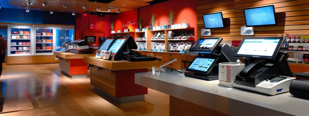 a sleek, modern retail store interior showcases a display of advanced pos systems on a polished countertop, highlighting various touchscreen interfaces under vibrant, tailored lighting that emphasizes technological innovation and efficiency.