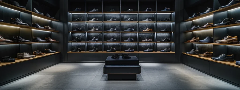a sleek, modern showroom displays an array of meticulously crafted black leather shoes, showcasing varied textures and finishes under focused spotlighting that highlights the quality and craftsmanship.