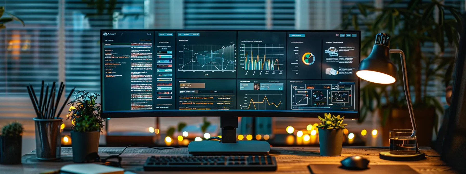 a sleek office setup features a modern computer screen displaying a detailed smtp authentication dashboard, with vibrant color-coded components highlighting critical email credentials and secure connection status, illuminated by focused task lighting for an efficient workspace atmosphere.