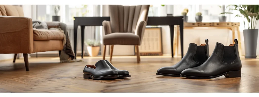 a stylish urban office setting showcases an array of sophisticated black leather shoes, including classic oxfords, adaptable derbies, elegant loafers, sleek chelsea boots, and refined monk straps, all presented against a backdrop of polished wooden furniture and contemporary decor to highlight their versatility and timeless appeal.
