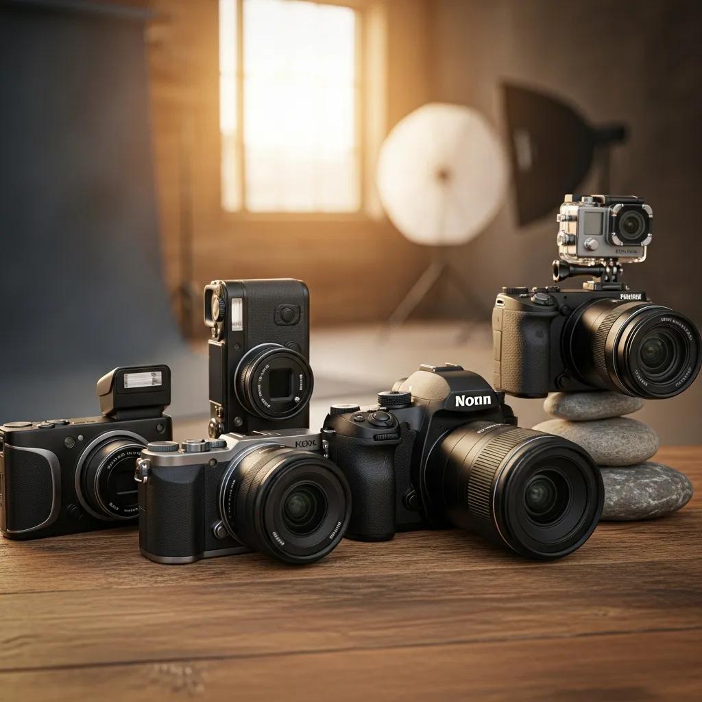 Variety of digital cameras including mirrorless, DSLR, compact, bridge, and action cameras in a photography setting