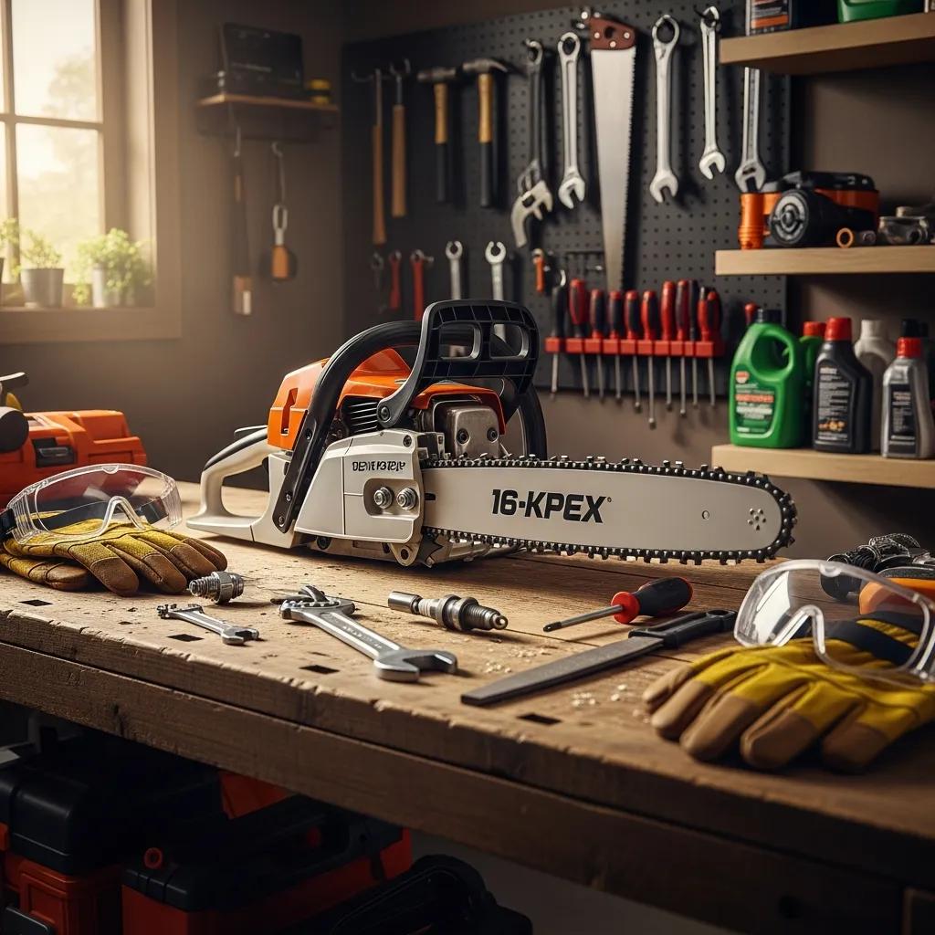 Gas-powered 16-inch chainsaw on a workbench, surrounded by tools and safety equipment, emphasizing maintenance and readiness for use