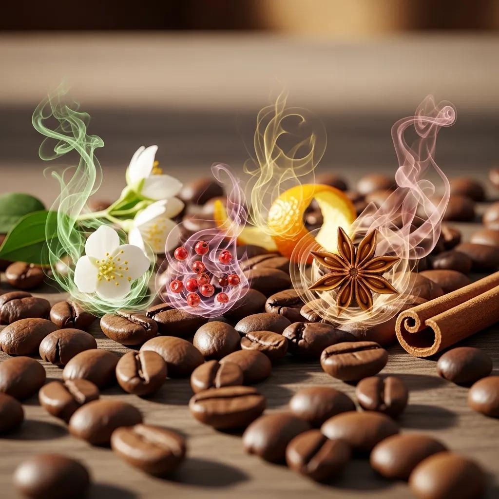 Artistic display of coffee beans with surrounding floral and fruity elements, illustrating the impact of volatile compounds on aroma