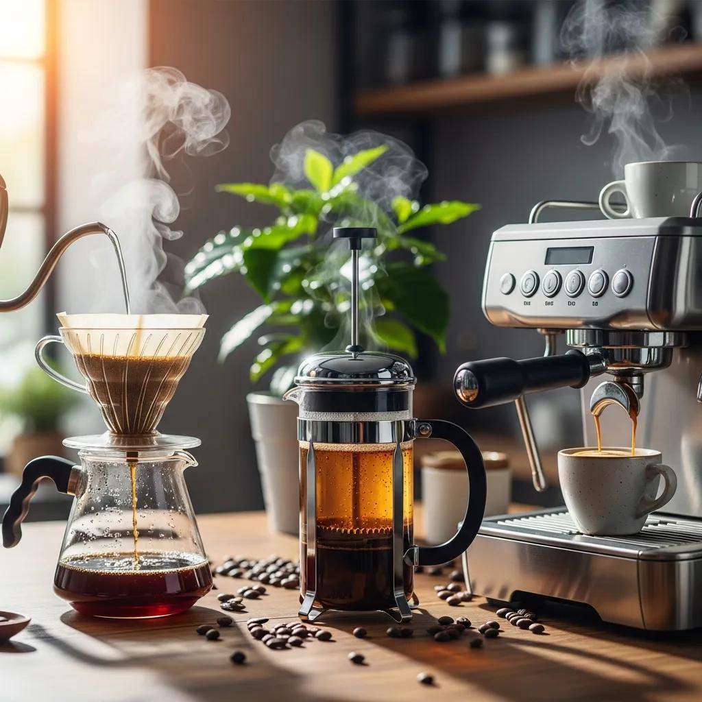 Various coffee brewing methods displayed, including pour-over, French press, and espresso machine, highlighting the process of maximizing aroma